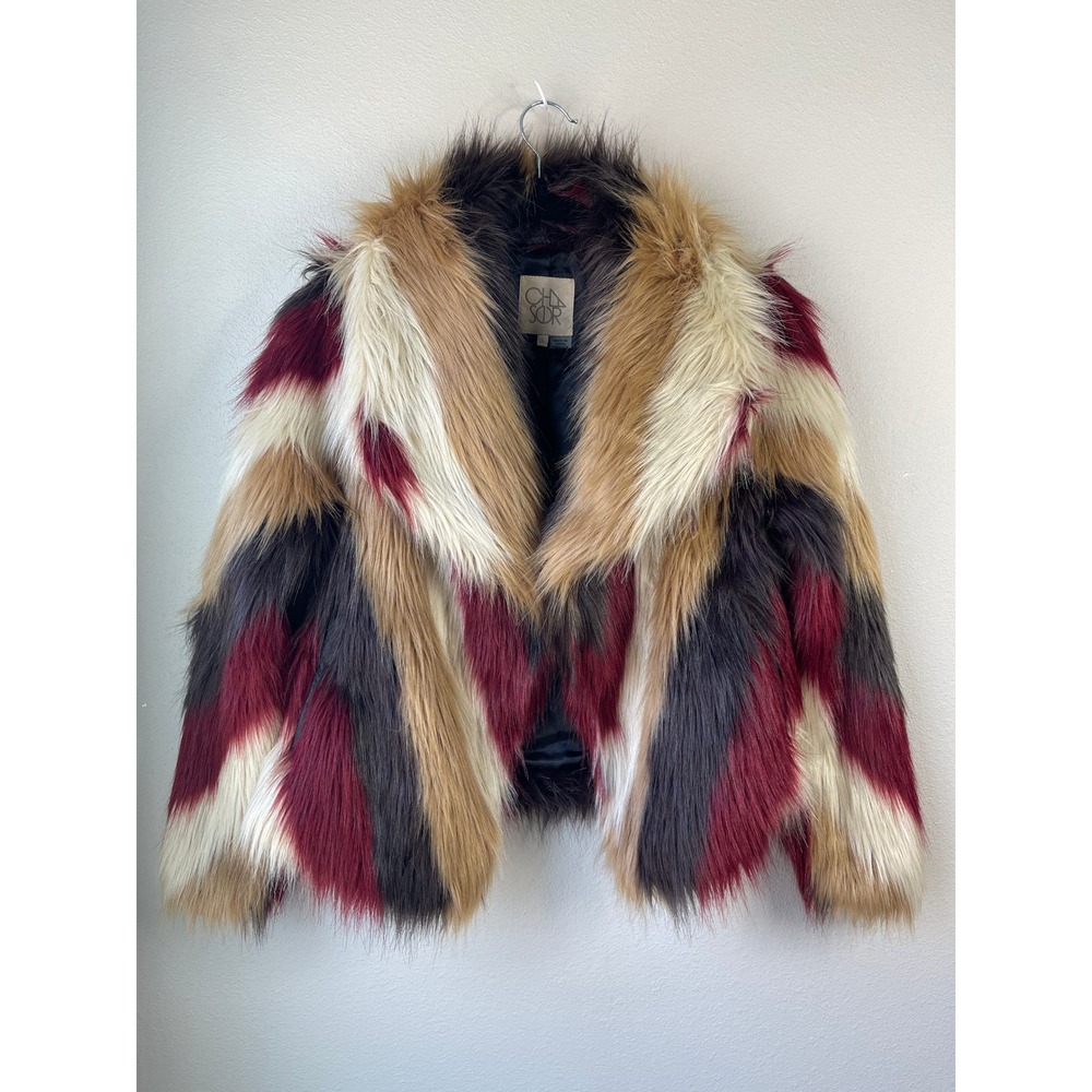 Chaser Faux Fur Jacket Multicolor Chevron Shaggy Coat Burgundy Tan Small